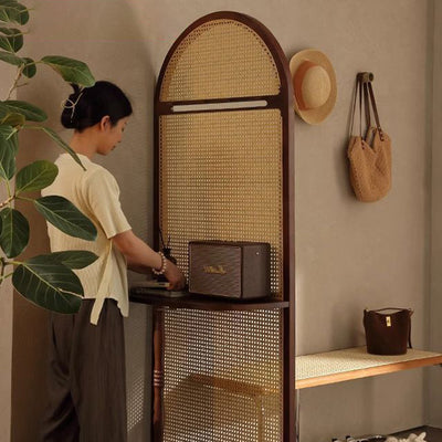 Modern Mid-Century Arched Solid Wood Rattan Weaving Display Rack 2-Tier For Living Room