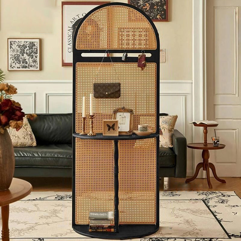 Traditioneller Vintage-Ausstellungsregal mit Bogen aus massivem Holz und Rattan-Gewebe, 2-stufig, für das Wohnzimmer 