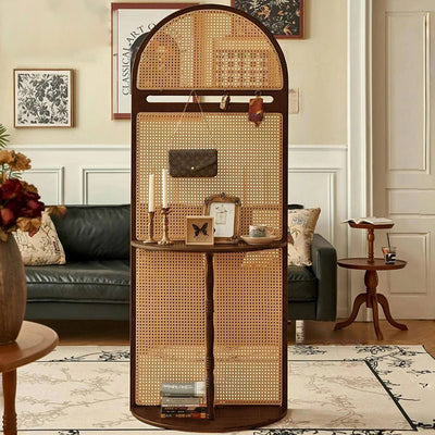 Modern Mid-Century Arched Solid Wood Rattan Weaving Display Rack 2-Tier For Living Room