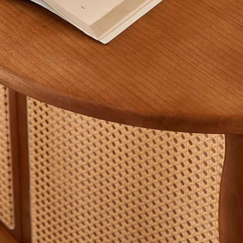 Traditioneller Vintage-Ausstellungsregal mit Bogen aus massivem Holz und Rattan-Gewebe, 2-stufig, für das Wohnzimmer 