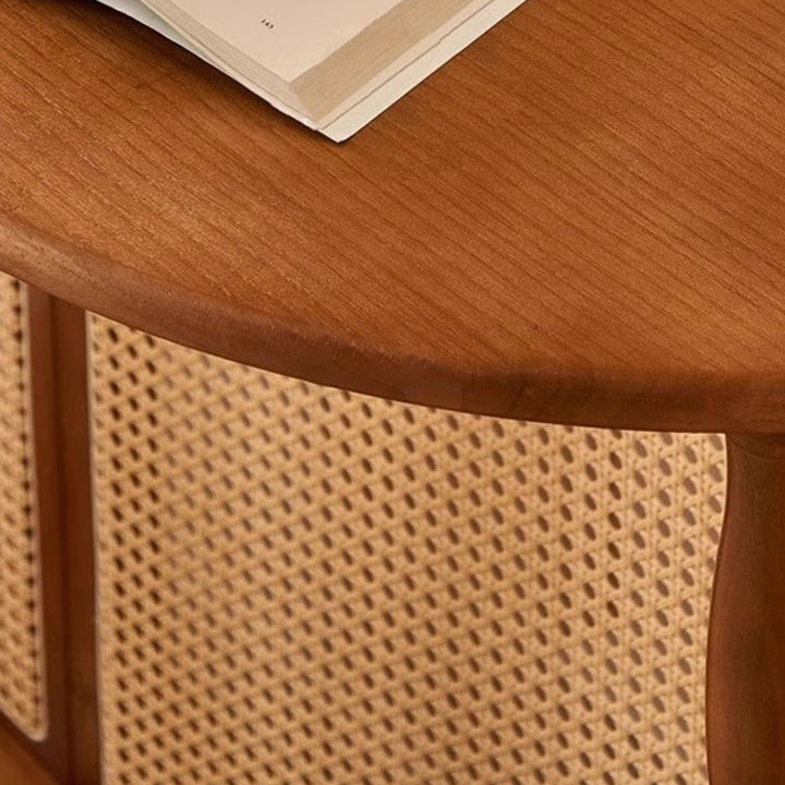 Traditioneller Vintage-Ausstellungsregal mit Bogen aus massivem Holz und Rattan-Gewebe, 2-stufig, für das Wohnzimmer 