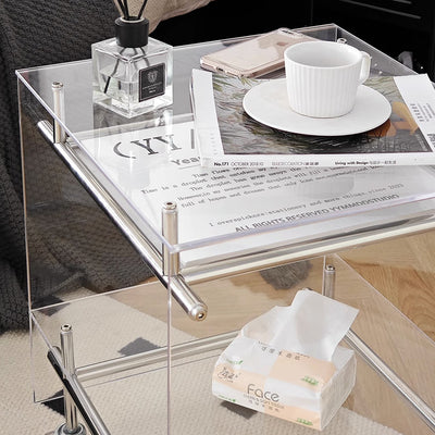 Modern Minimalist Square Acrylic Stainless Steel Movable End Table 2-Tier For Living Room
