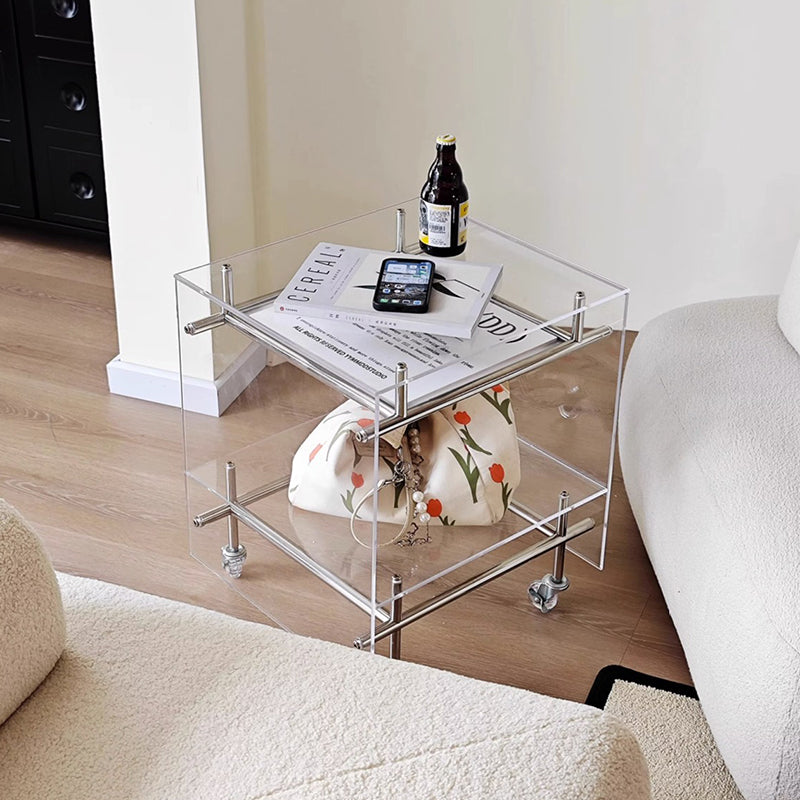 Modern Minimalist Square Acrylic Stainless Steel Movable End Table 2-Tier For Living Room