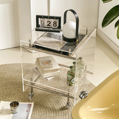 Modern Minimalist Square Acrylic Stainless Steel Movable End Table 2-Tier For Living Room