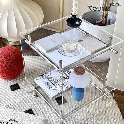 Modern Minimalist Square Acrylic Stainless Steel Movable End Table 2-Tier For Living Room