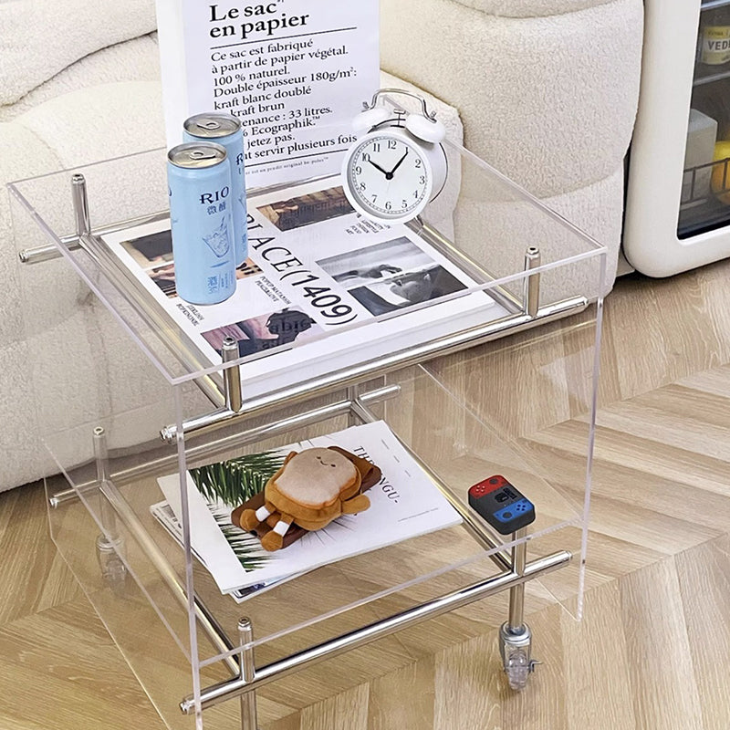 Modern Minimalist Square Acrylic Stainless Steel Movable End Table 2-Tier For Living Room