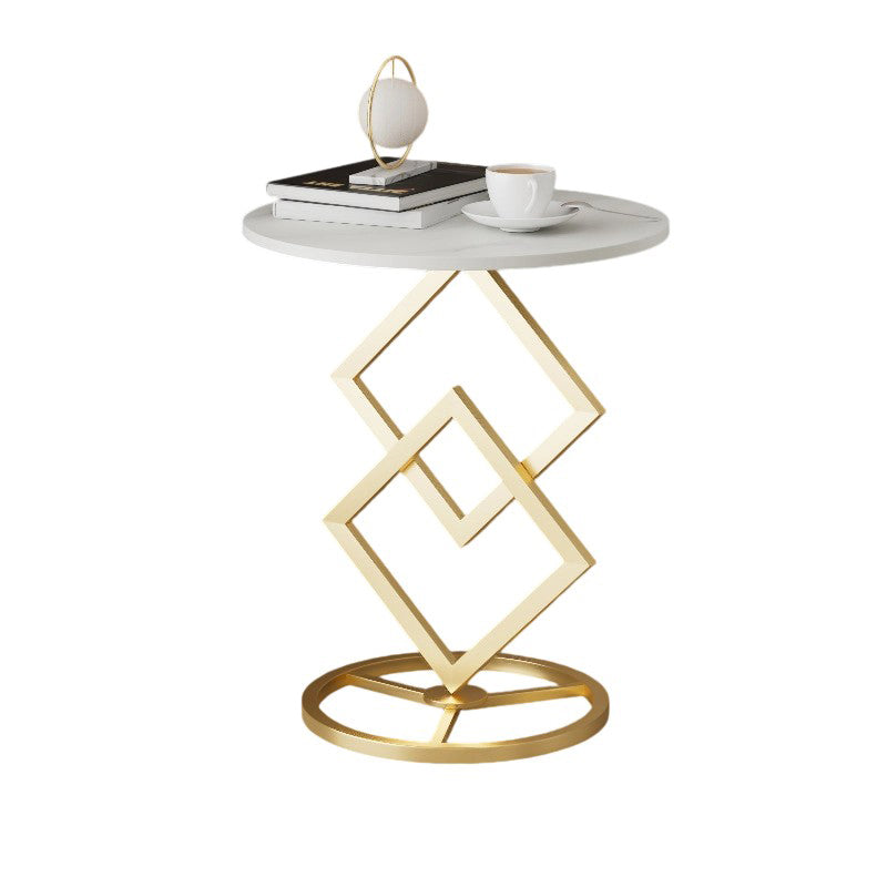 Modern Minimalist Round Stone Slab Wrought Iron End Table 1-Tier For Living Room