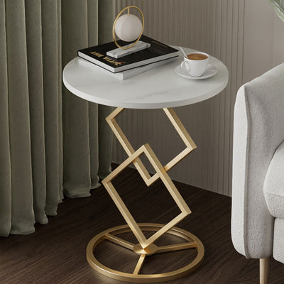 Modern Minimalist Round Stone Slab Wrought Iron End Table 1-Tier For Living Room