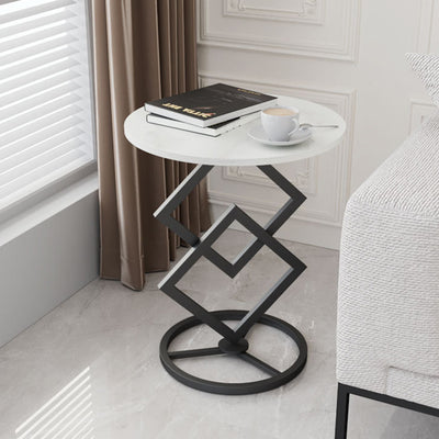 Modern Minimalist Round Stone Slab Wrought Iron End Table 1-Tier For Living Room