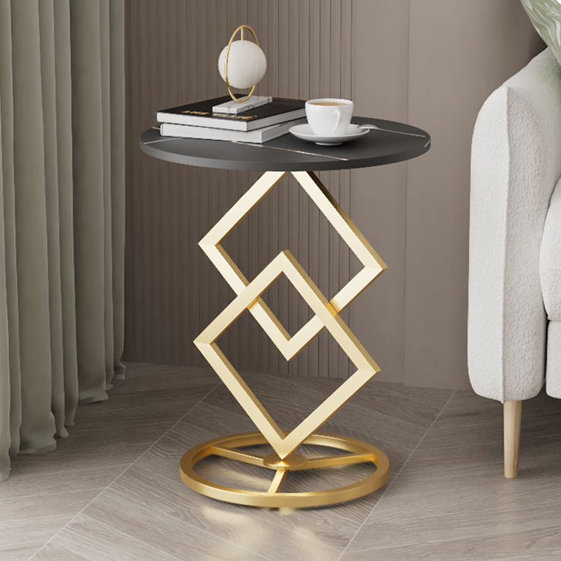Modern Minimalist Round Stone Slab Wrought Iron End Table 1-Tier For Living Room