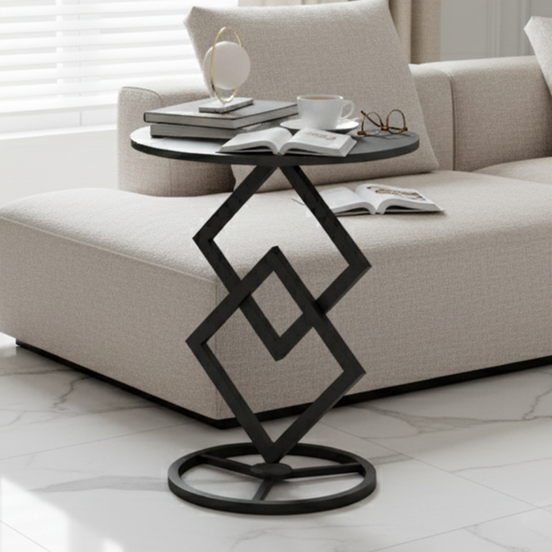 Modern Minimalist Round Stone Slab Wrought Iron End Table 1-Tier For Living Room