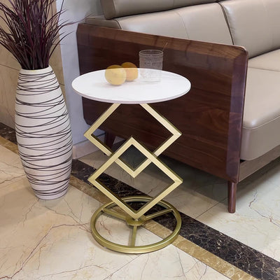 Modern Minimalist Round Stone Slab Wrought Iron End Table 1-Tier For Living Room