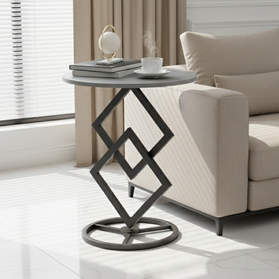 Modern Minimalist Round Stone Slab Wrought Iron End Table 1-Tier For Living Room