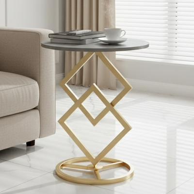 Modern Minimalist Round Stone Slab Wrought Iron End Table 1-Tier For Living Room