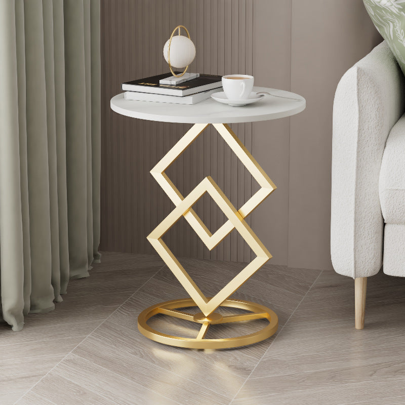 Modern Minimalist Round Stone Slab Wrought Iron End Table 1-Tier For Living Room