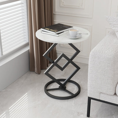Modern Minimalist Round Stone Slab Wrought Iron End Table 1-Tier For Living Room
