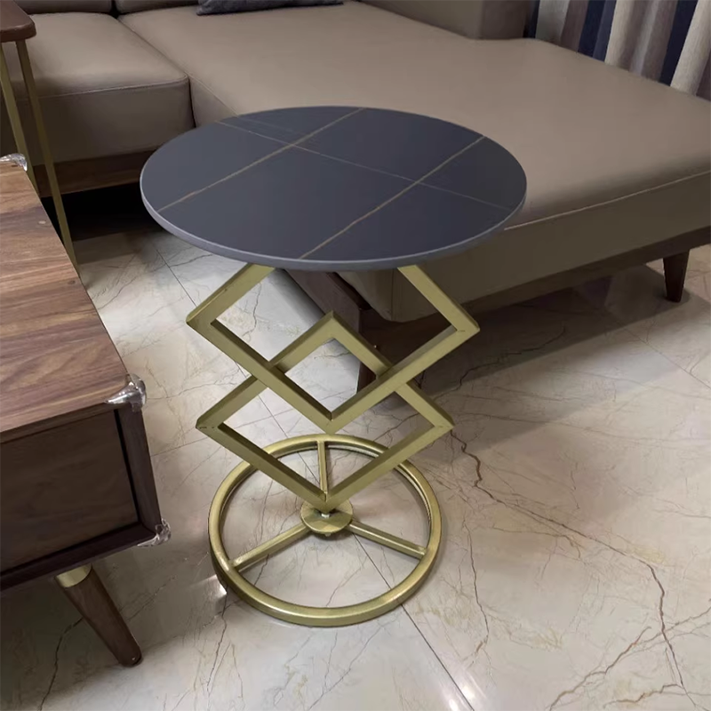 Modern Minimalist Round Stone Slab Wrought Iron End Table 1-Tier For Living Room