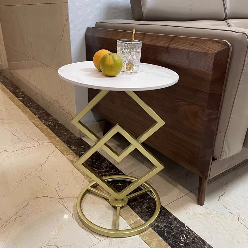 Modern Minimalist Round Stone Slab Wrought Iron End Table 1-Tier For Living Room