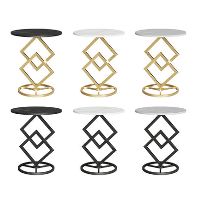 Modern Minimalist Round Stone Slab Wrought Iron End Table 1-Tier For Living Room