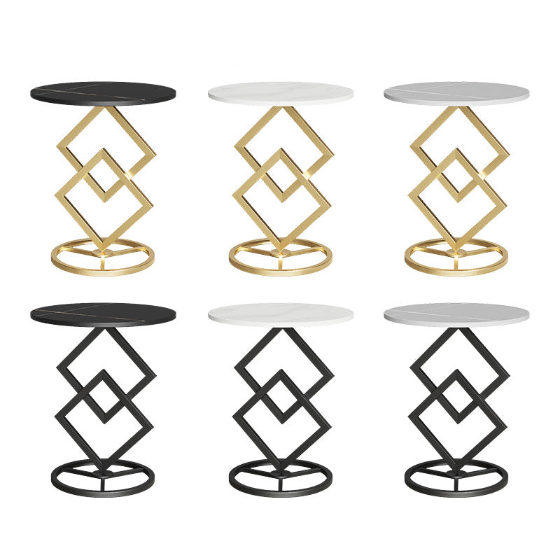 Modern Minimalist Round Stone Slab Wrought Iron End Table 1-Tier For Living Room