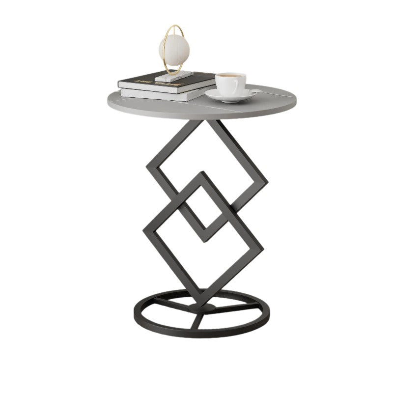 Modern Minimalist Round Stone Slab Wrought Iron End Table 1-Tier For Living Room