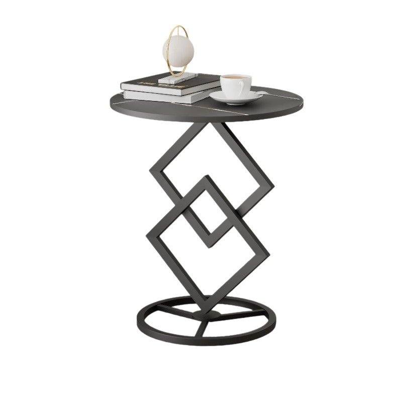 Modern Minimalist Round Stone Slab Wrought Iron End Table 1-Tier For Living Room