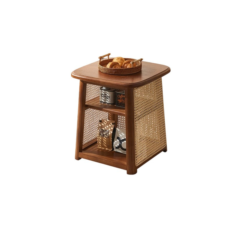 Traditioneller japanischer Couchtisch aus Massivholz mit abgerundeten Ecken und trapezförmigem Rattan-Geflecht, 3-stöckig für das Wohnzimmer 