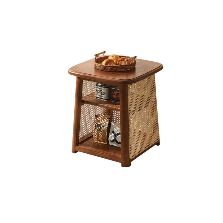 Traditioneller japanischer Couchtisch aus Massivholz mit abgerundeten Ecken und trapezförmigem Rattan-Geflecht, 3-stöckig für das Wohnzimmer 