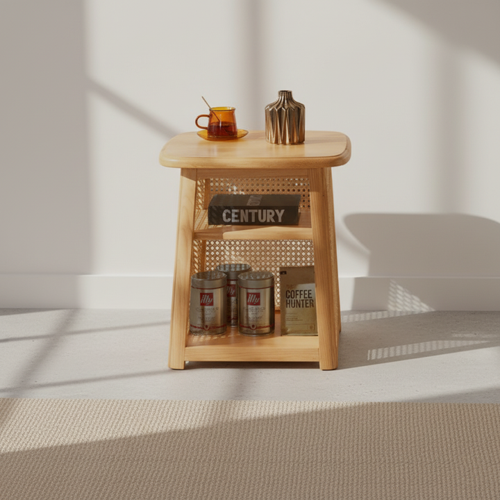 Traditioneller japanischer Couchtisch aus Massivholz mit abgerundeten Ecken und trapezförmigem Rattan-Geflecht, 3-stöckig für das Wohnzimmer 