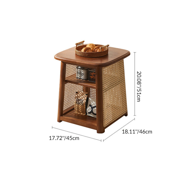 Traditioneller japanischer Couchtisch aus Massivholz mit abgerundeten Ecken und trapezförmigem Rattan-Geflecht, 3-stöckig für das Wohnzimmer 