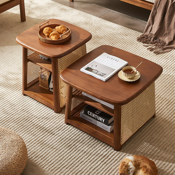 Traditioneller japanischer Couchtisch aus Massivholz mit abgerundeten Ecken und trapezförmigem Rattan-Geflecht, 3-stöckig für das Wohnzimmer 