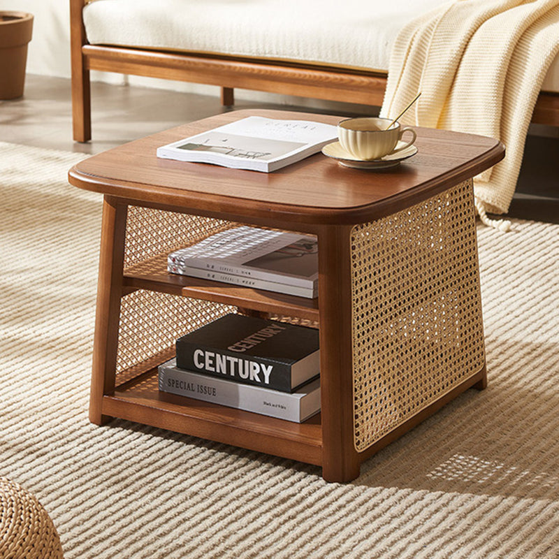 Traditional Japanese Rounded-Corner Trapezoidal Solid Wood Rattan Weaving Coffee Table 3-Tier For Living Room