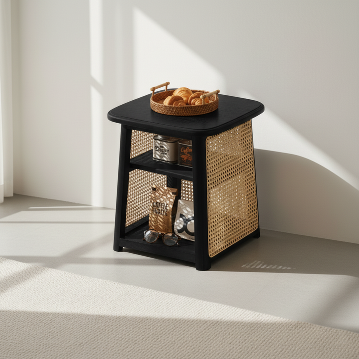 Traditioneller japanischer Couchtisch aus Massivholz mit abgerundeten Ecken und trapezförmigem Rattan-Geflecht, 3-stöckig für das Wohnzimmer 