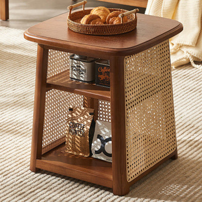 Traditional Japanese Rounded-Corner Trapezoidal Solid Wood Rattan Weaving Coffee Table 3-Tier For Living Room