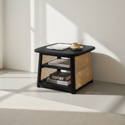 Traditional Japanese Rounded-Corner Trapezoidal Solid Wood Rattan Weaving Coffee Table 3-Tier For Living Room