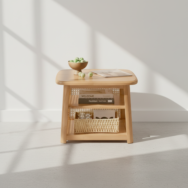 Traditioneller japanischer Couchtisch aus Massivholz mit abgerundeten Ecken und trapezförmigem Rattan-Geflecht, 3-stöckig für das Wohnzimmer 