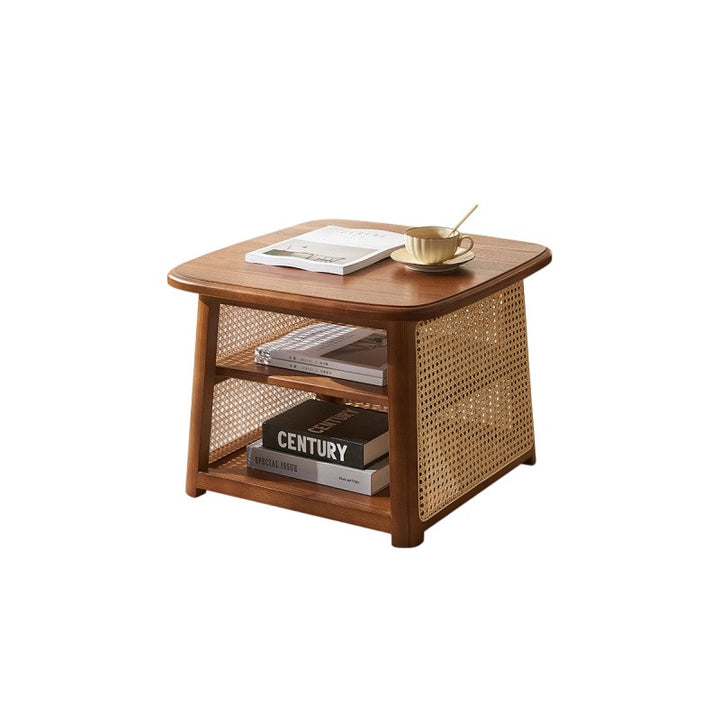 Traditioneller japanischer Couchtisch aus Massivholz mit abgerundeten Ecken und trapezförmigem Rattan-Geflecht, 3-stöckig für das Wohnzimmer 