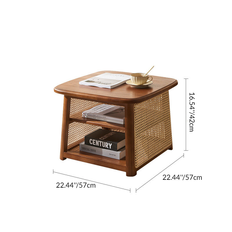 Traditioneller japanischer Couchtisch aus Massivholz mit abgerundeten Ecken und trapezförmigem Rattan-Geflecht, 3-stöckig für das Wohnzimmer 