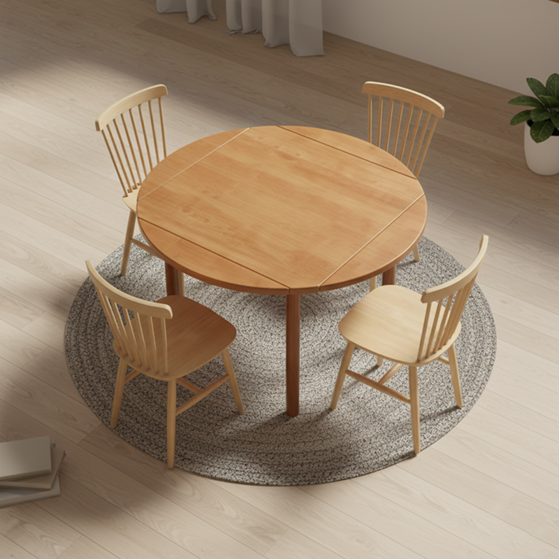 Modern Minimalist Round Square Solid Wood Foldable Dining Table & Chair Set For 4 Seats