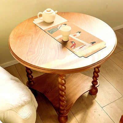 Modern Mid-Century Round Solid Wood Coffee Table 2-Tier For Living Room