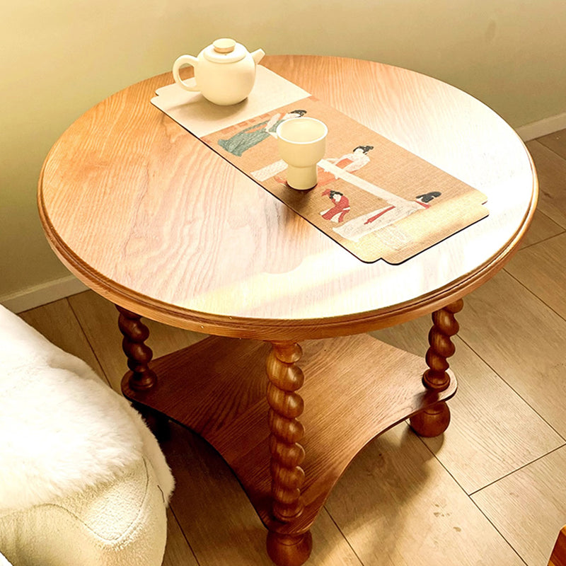 Modern Mid-Century Round Solid Wood Coffee Table 2-Tier For Living Room