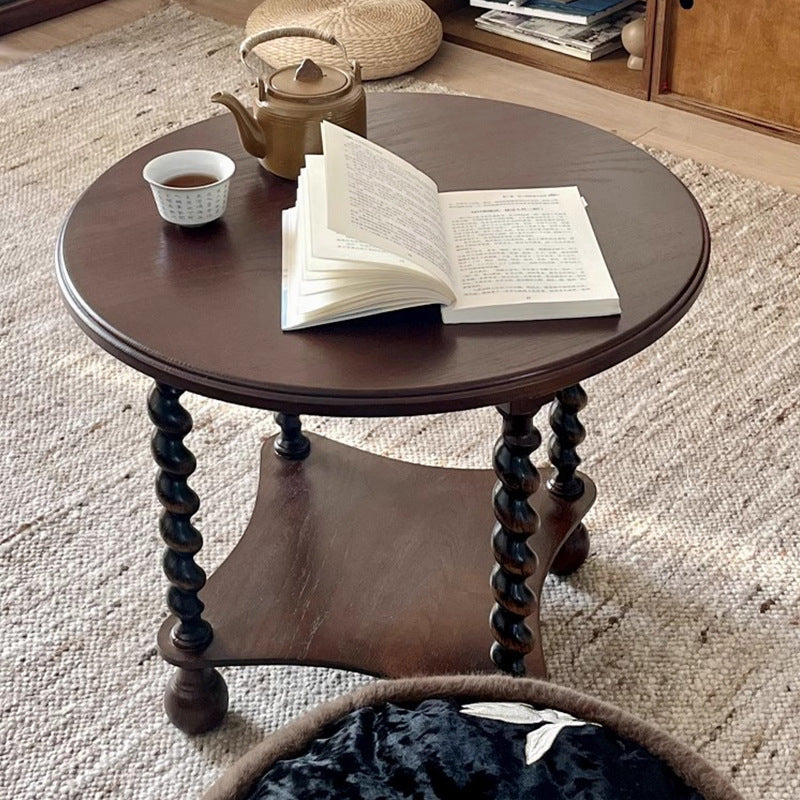 Modern Mid-Century Round Solid Wood Coffee Table 2-Tier For Living Room