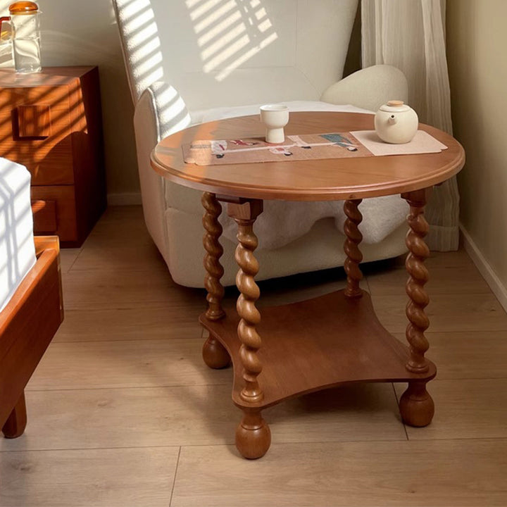 Traditioneller runder Beistelltisch im französischen Stil aus Massivholz & Sperrholz in Vintage-Braun, 2 Ebenen, für kleine Räume, fürs Wohnzimmer 