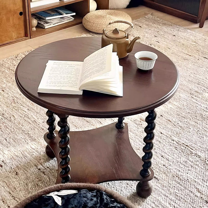 Modern Mid-Century Round Solid Wood Coffee Table 2-Tier For Living Room