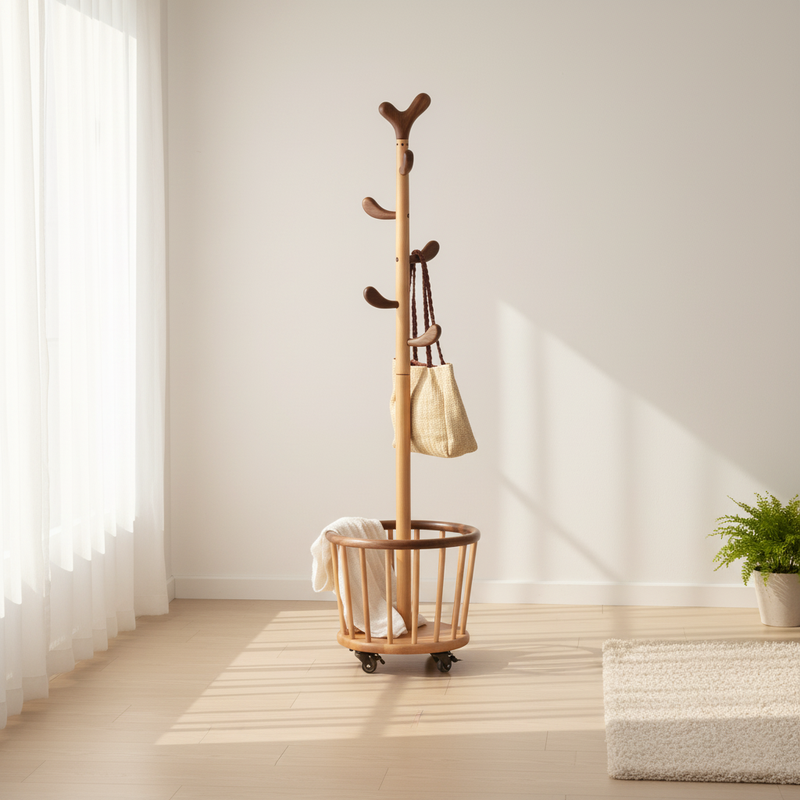 Modern Minimalist Tree Bud Heart Design Solid Wood Movable Hall Tree 1-Storage For Entryway & Hallway