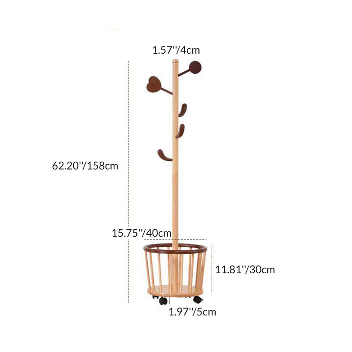 Modern Minimalist Tree Bud Heart Design Solid Wood Movable Hall Tree 1-Storage For Entryway &amp; Hallway