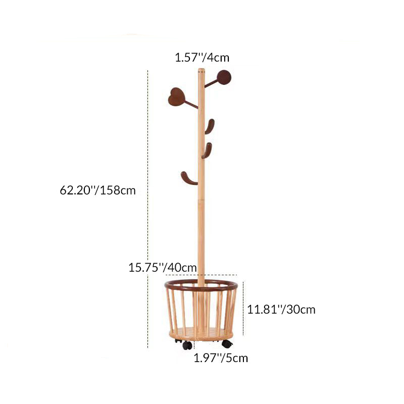 Modern Minimalist Tree Bud Heart Design Solid Wood Movable Hall Tree 1-Storage For Entryway & Hallway