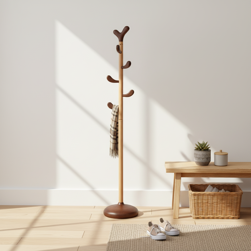 Design minimaliste moderne en forme de bourgeon de cœur d’arbre, porte-manteau en bois massif pour entrée et couloir 
