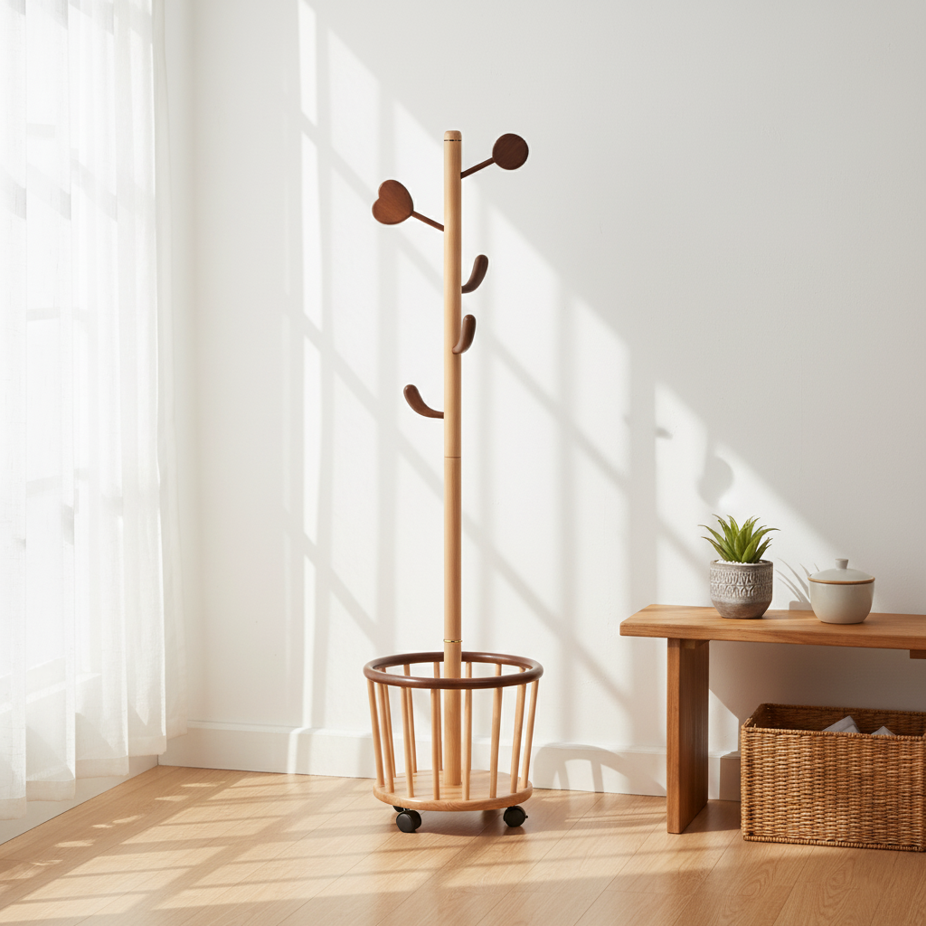 Modern Minimalist Tree Bud Heart Design Solid Wood Movable Hall Tree 1-Storage For Entryway &amp; Hallway
