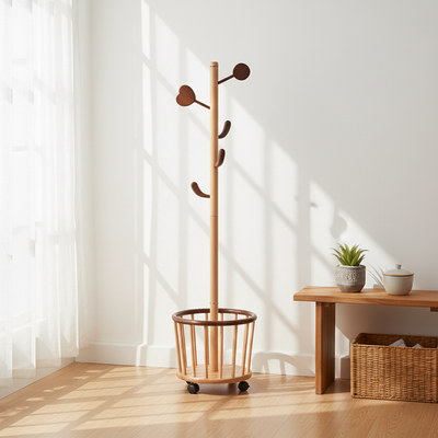 Modern Minimalist Tree Bud Heart Design Solid Wood Movable Hall Tree 1-Storage For Entryway & Hallway